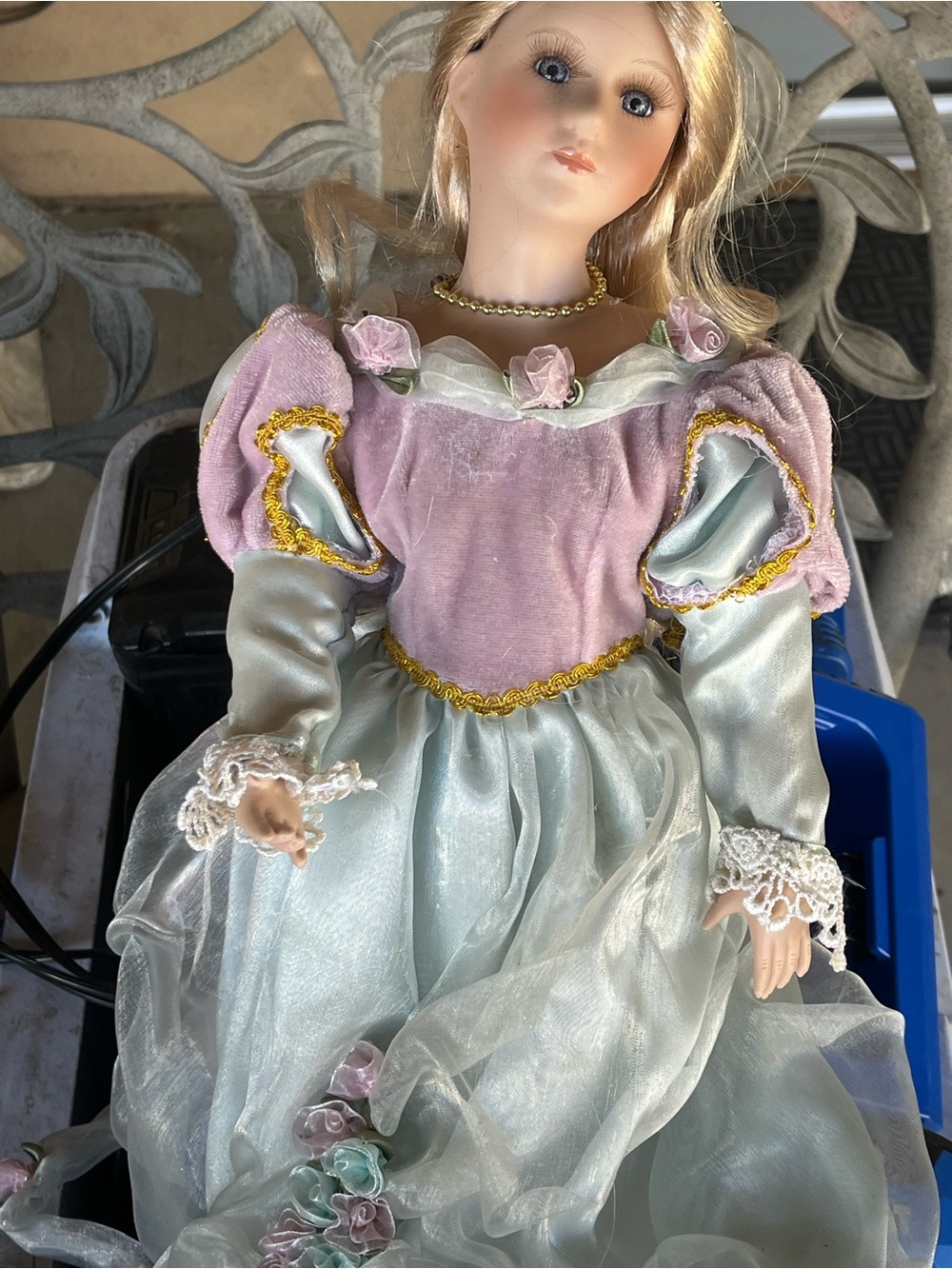 Porcelain Victorian-Style Doll in Pink and Pale Blue Gown